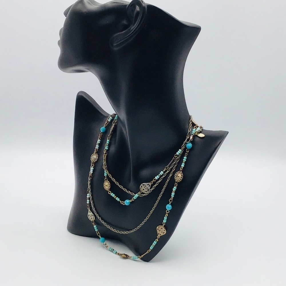 ALDO Necklace Boho Filagree Teal Blue Antique Gold Multi Layer Bead Jewelry